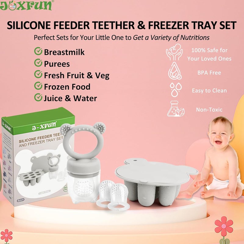 JEXFUN Baby Fruit Food Feeder & Mini Freezer Nibble Tray Combo, Breastmilk Popsicle Molds for Baby Cooling Relief, BPA Free Silicone Feeder for Safe Infant Self Feeding, 4 Month+ (Light Grey) - Image 2